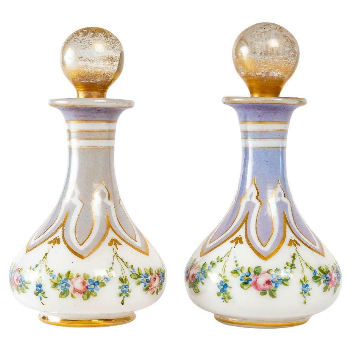 Pair Of Bottles In Painted And Gilded Opaline, Napoleon III Period