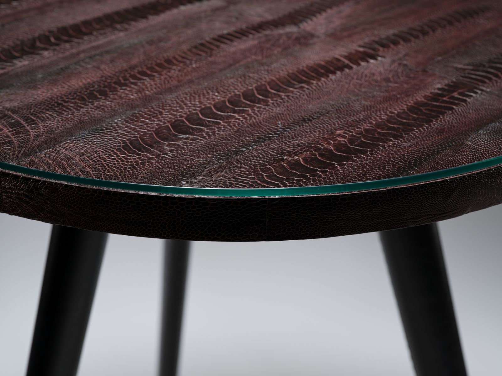 Unique And Rare Aubergine Hand Dyed Boa Constrictor Snakeskin Table Resting On Black Hand Laced Leather Legs, South Africa Circa 1980's. photo furniture