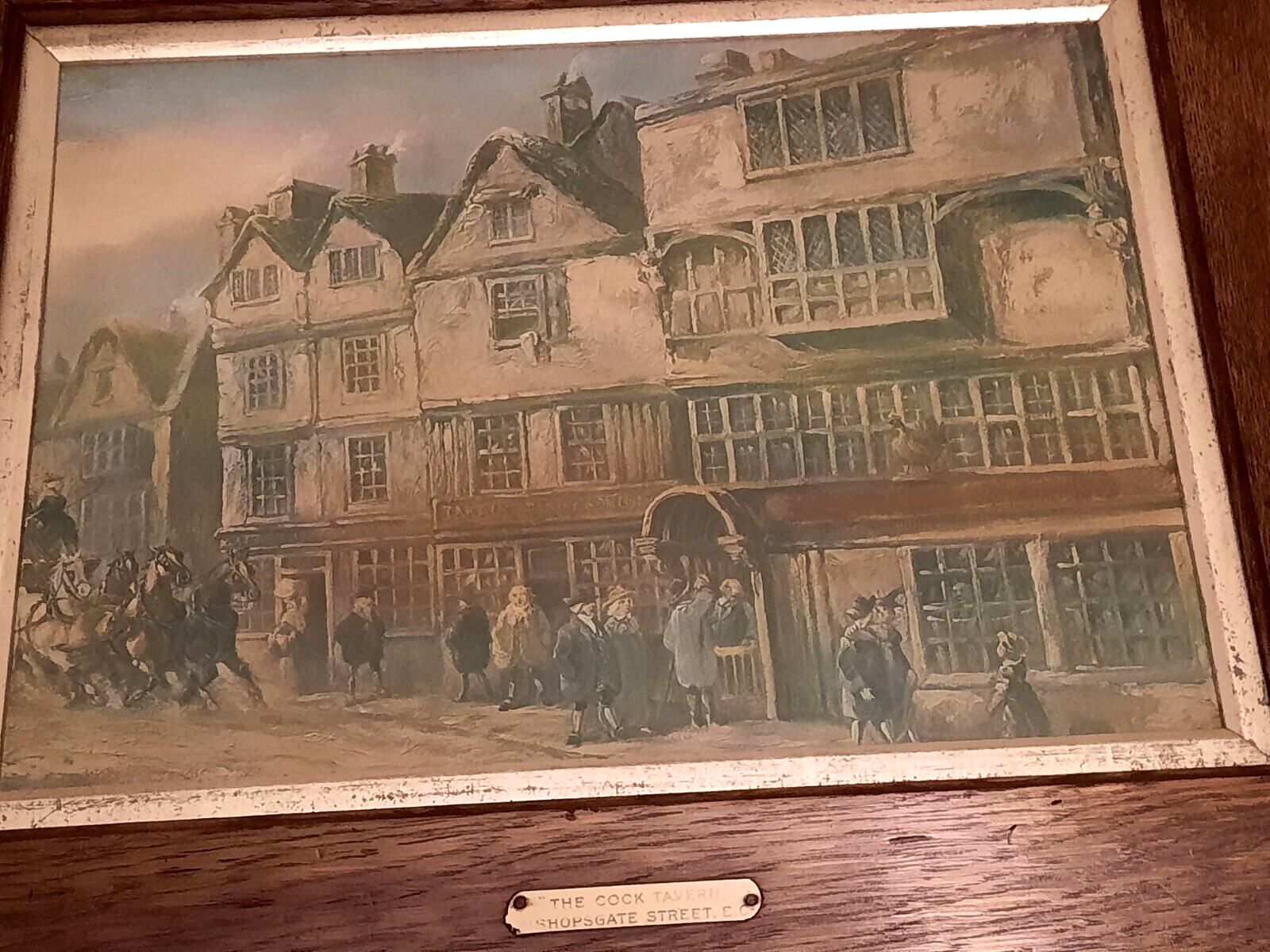 Two Antique Oak Framed Prints The Cock Tavern And The Hand And Shears London photo for sale