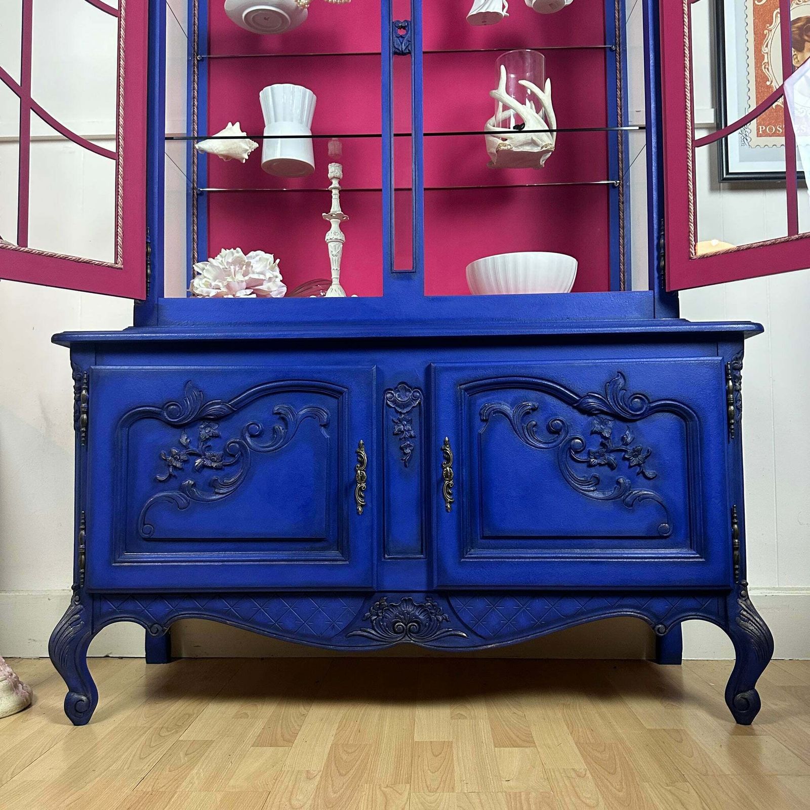 Furniture French Antique Display Cabinet Higly Decorated With Carvings Bright & Bold Statement Piece photo