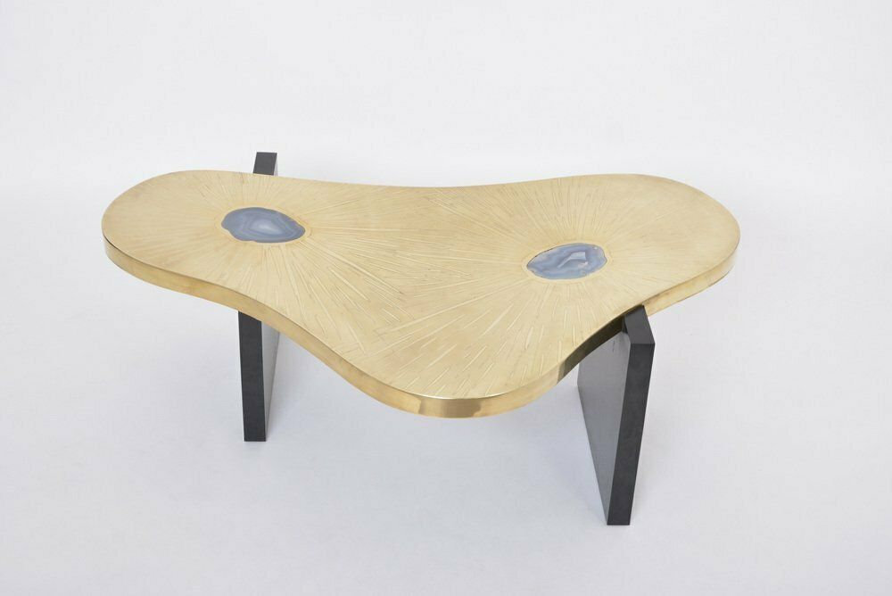Etched Brass Coffee Table With Agathe Stones In The Style Of Lova Creation, 1980s photo furniture