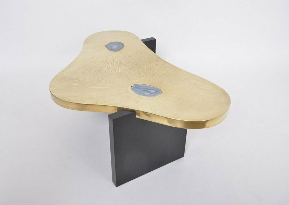 Etched Brass Coffee Table With Agathe Stones In The Style Of Lova Creation, 1980s photo for sale