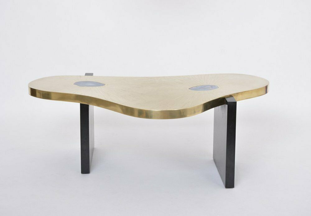 photo for sale Etched Brass Coffee Table With Agathe Stones In The Style Of Lova Creation, 1980s