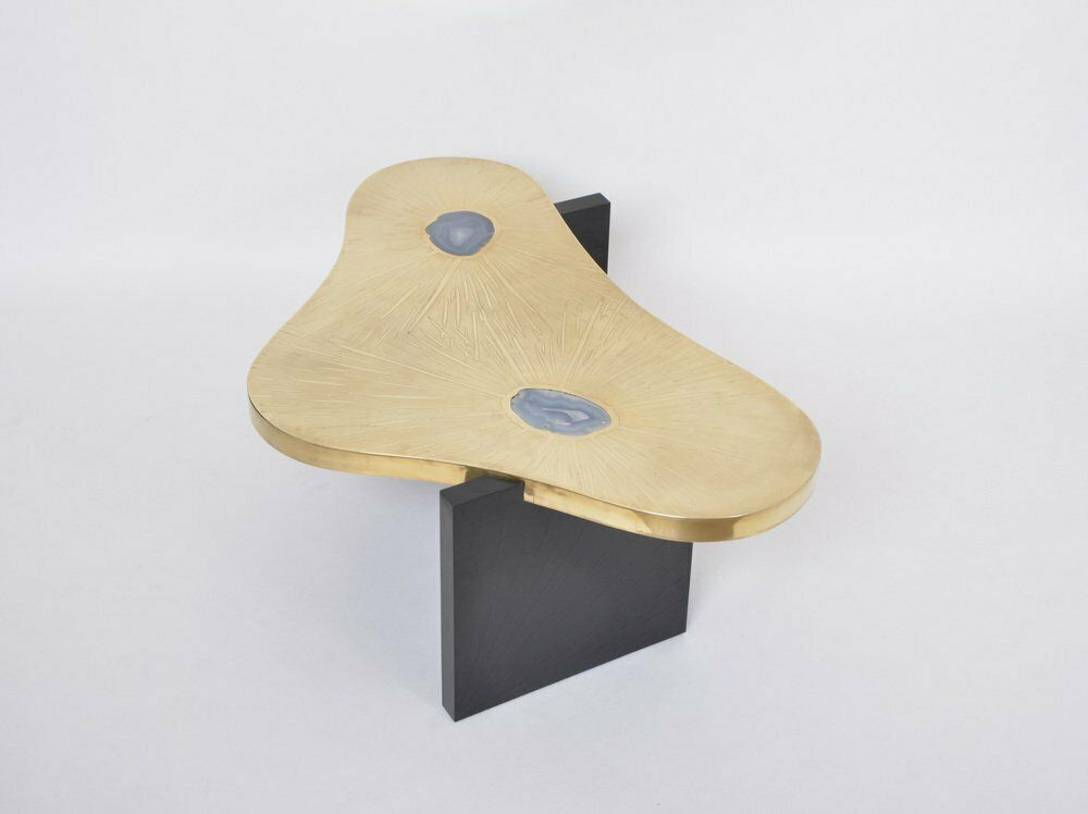 Furniture Etched Brass Coffee Table With Agathe Stones In The Style Of Lova Creation, 1980s photo