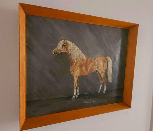 Large Mid Century Oil On Canvas Of Palomino Stallion Dated 1970 photo for sale