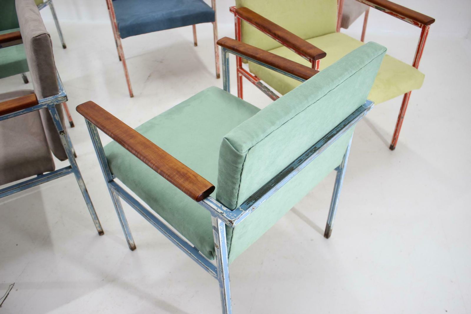 1960s Set Of Eight Iron And Wood Armchairs/Dining Chairs, Czechoslovakia photo for sale
