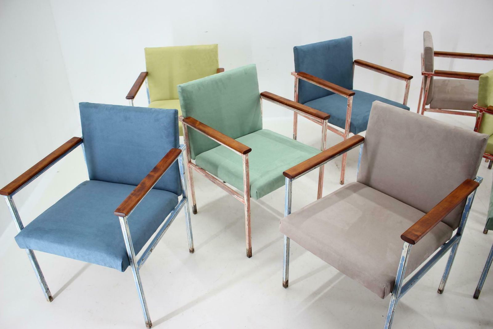 1960s Set Of Eight Iron And Wood Armchairs/Dining Chairs, Czechoslovakia photo buy