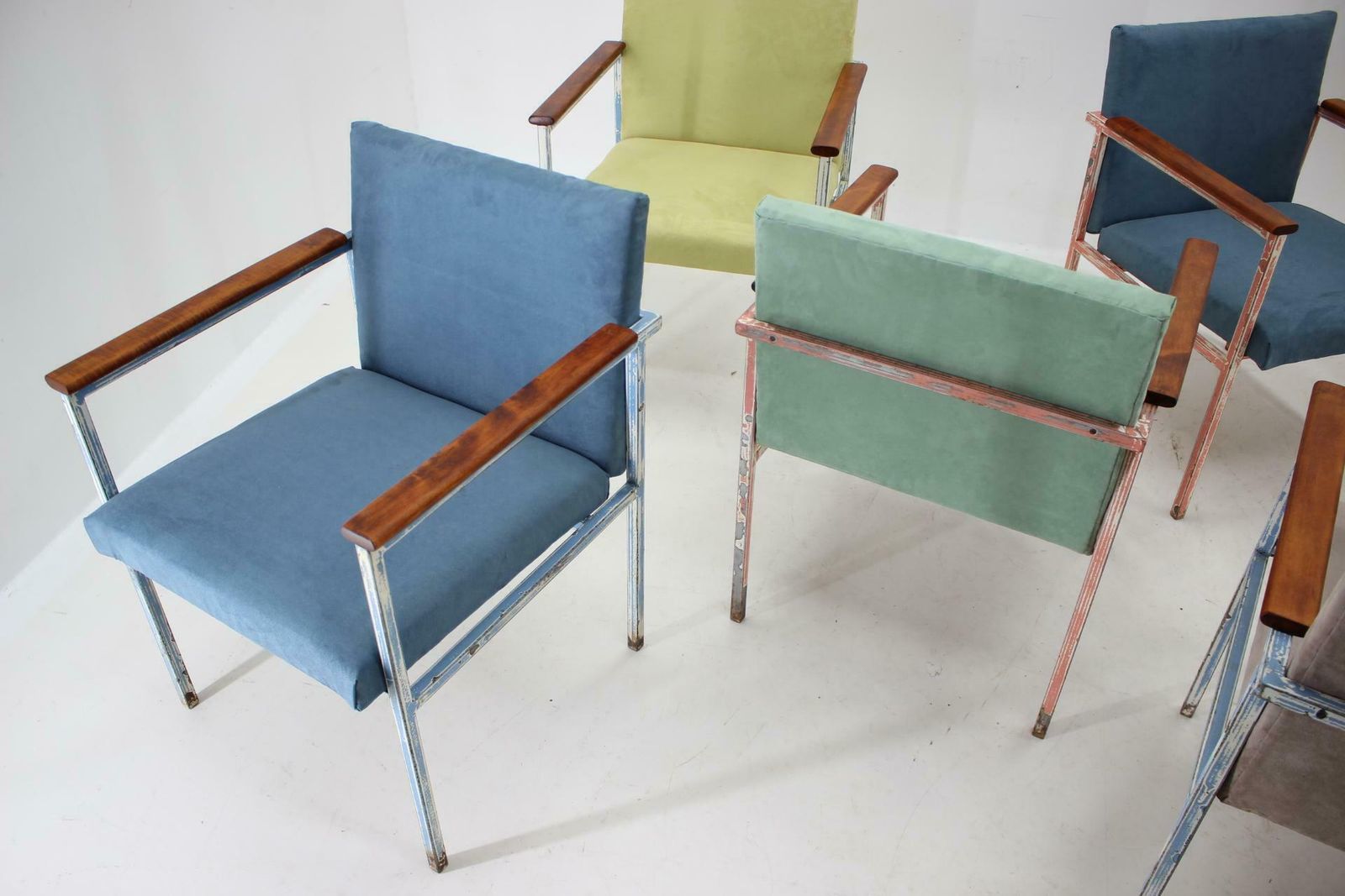 Furniture 1960s Set Of Eight Iron And Wood Armchairs/Dining Chairs, Czechoslovakia photo