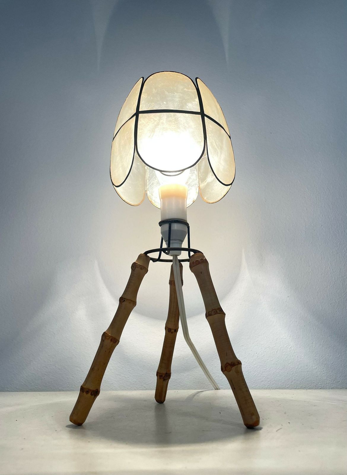 Vintage Danish Bamboo Wood Mid Century Tripod Table Lamp With Modernist Design Base And Seashell Shade photo furniture