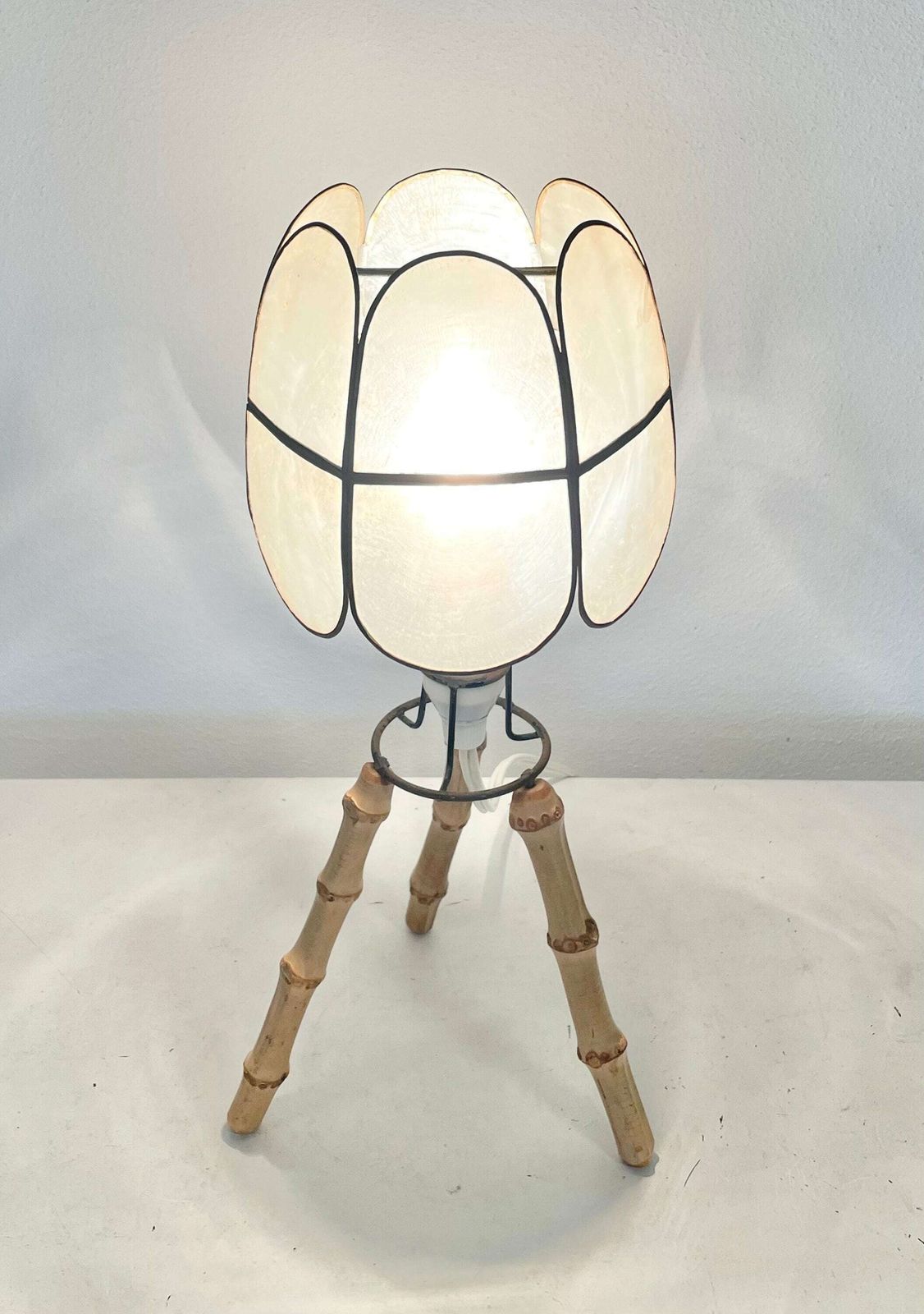 Vintage Danish Bamboo Wood Mid Century Tripod Table Lamp With Modernist Design Base And Seashell Shade photo for sale