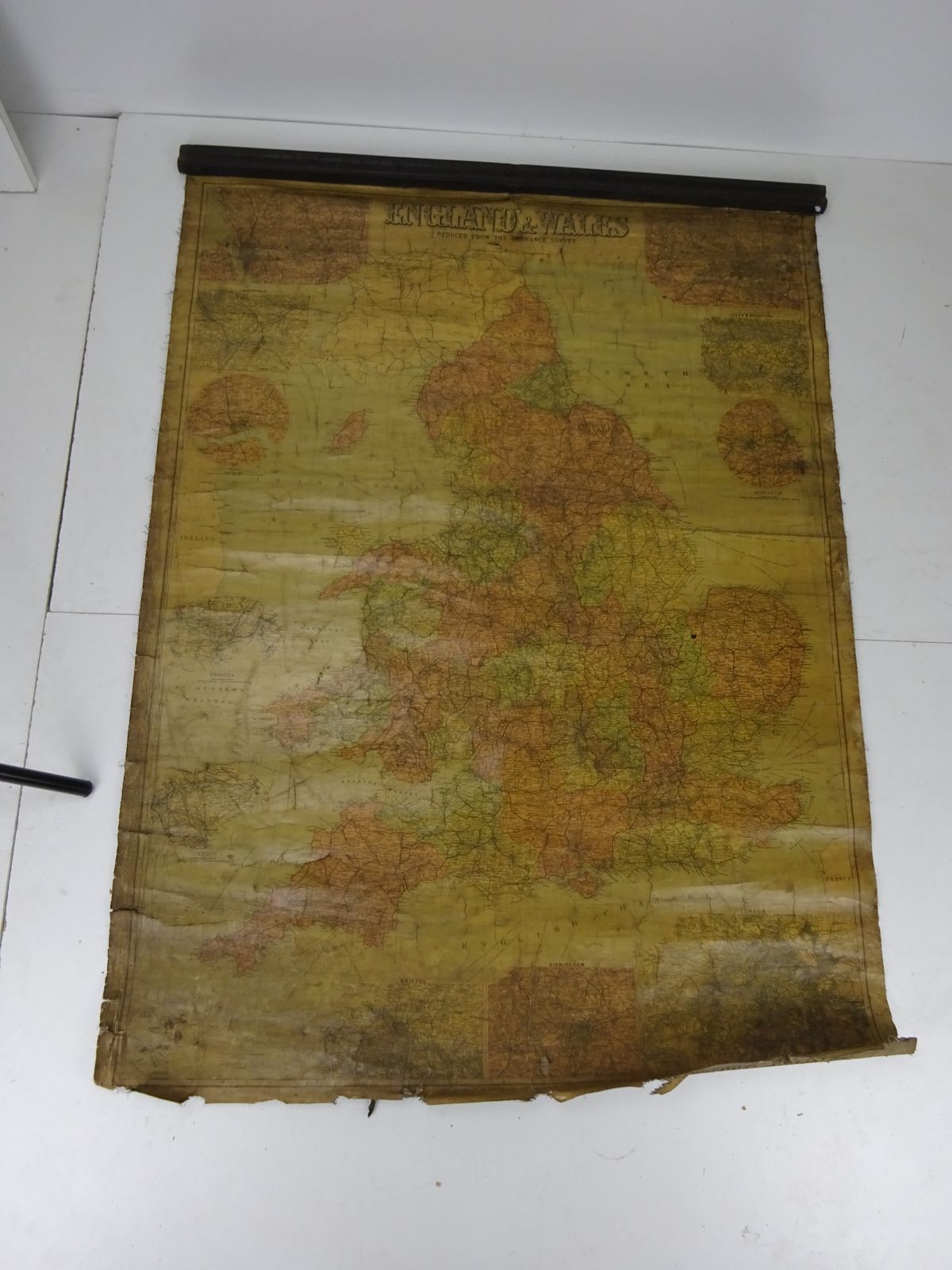 Antique Educational Hanging Map England And Wales Early 1900s
