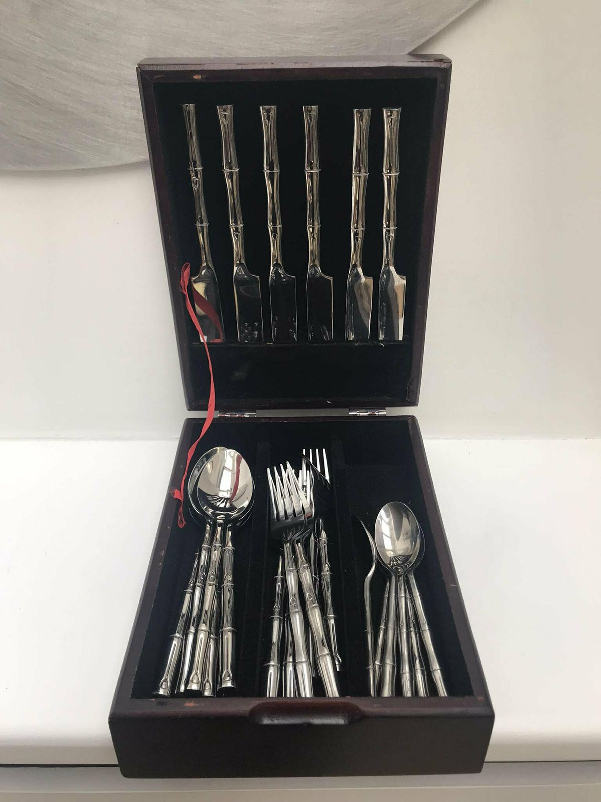 Bamboo Flatware Set 24 Pieces Boho Chic Cutlery Mid Century Vintage Metal Wedding Gift Hollywood Regency Table Decor Family Gift photo furniture