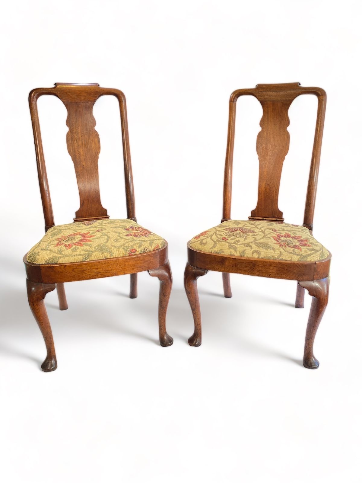 Pair Of Splat Back Queen Anne Walnut Chairs With Floral Upholstered Seats photo for sale