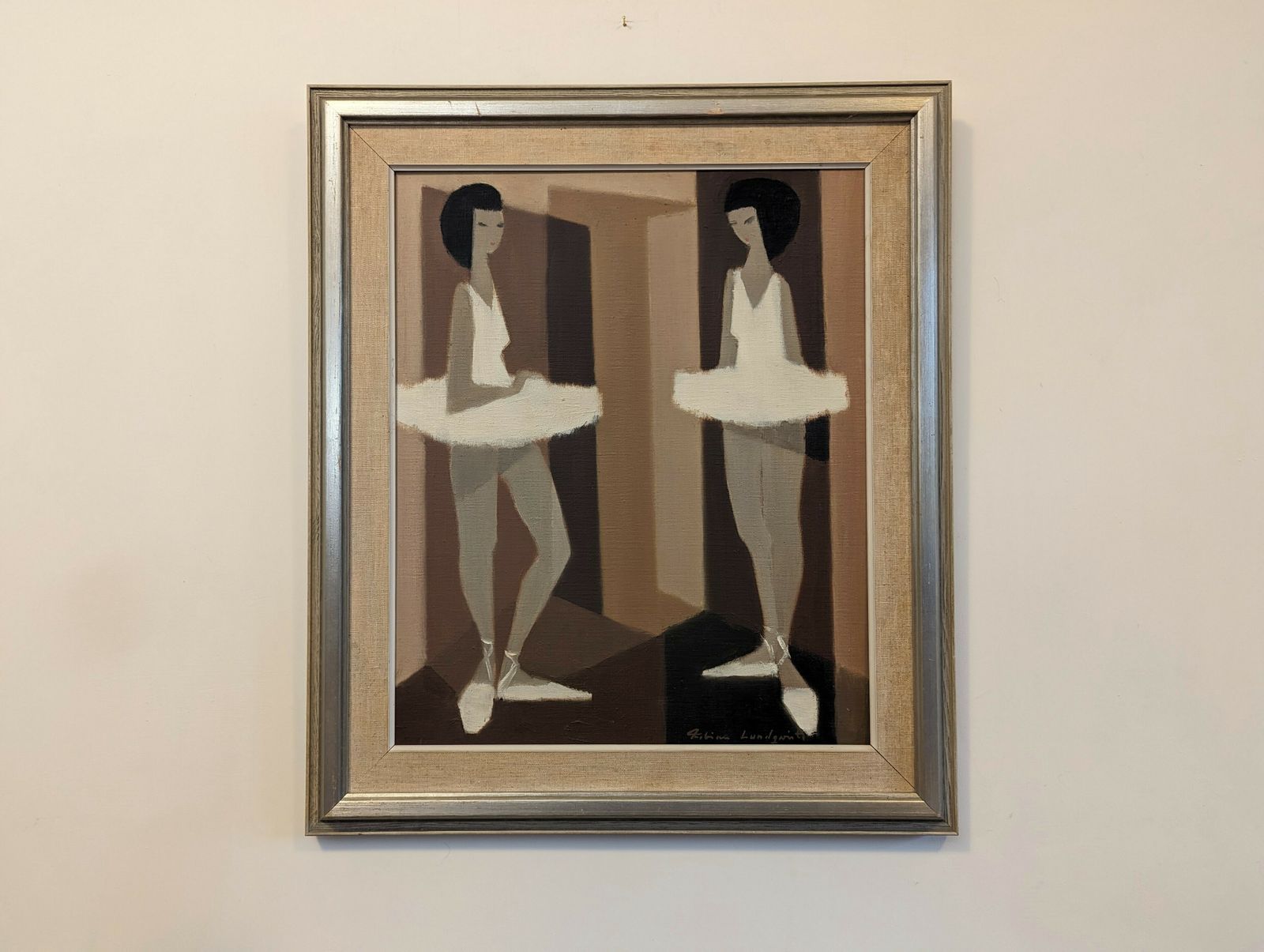 985.0 Mid Century Swedish Framed Figurative Oil Painting, Modernist Ballerinas photo