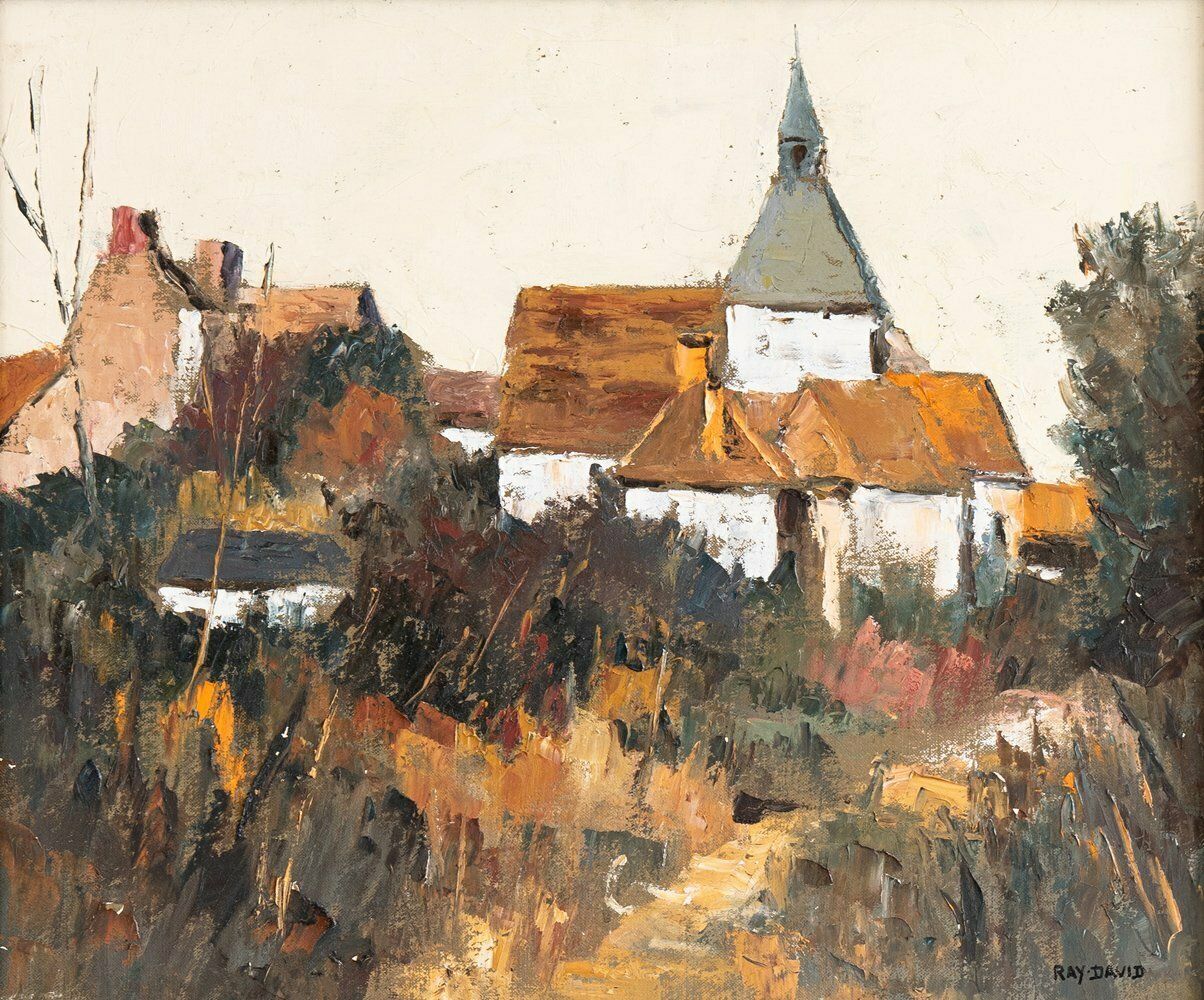 French School, Autumnal Landscape With Church, Oil Painting On Canvas, Midcentury photo furniture