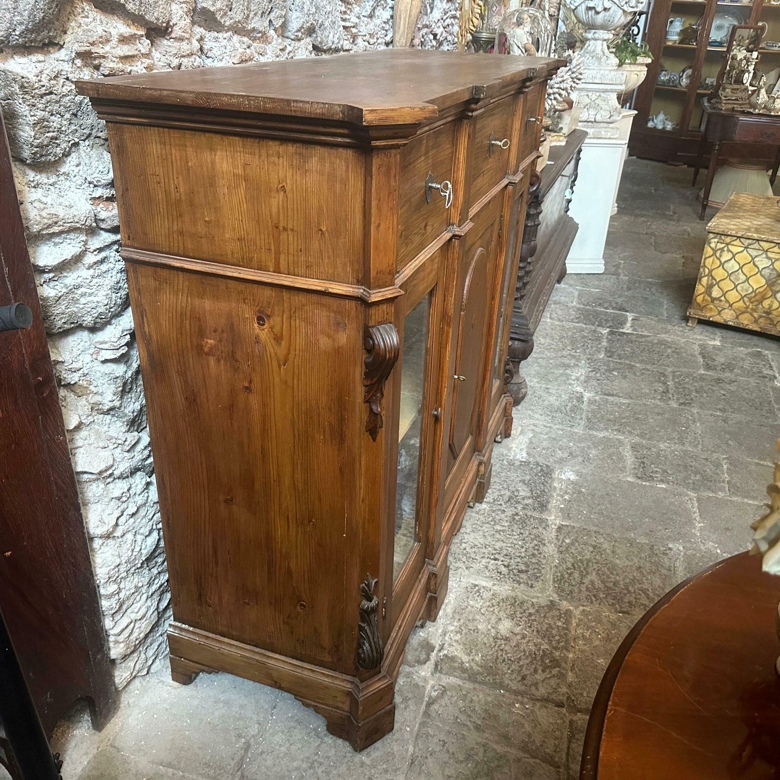 Furniture 1870s Louis Philippe Hand Carved Fir Wood Sicilian Credenza photo