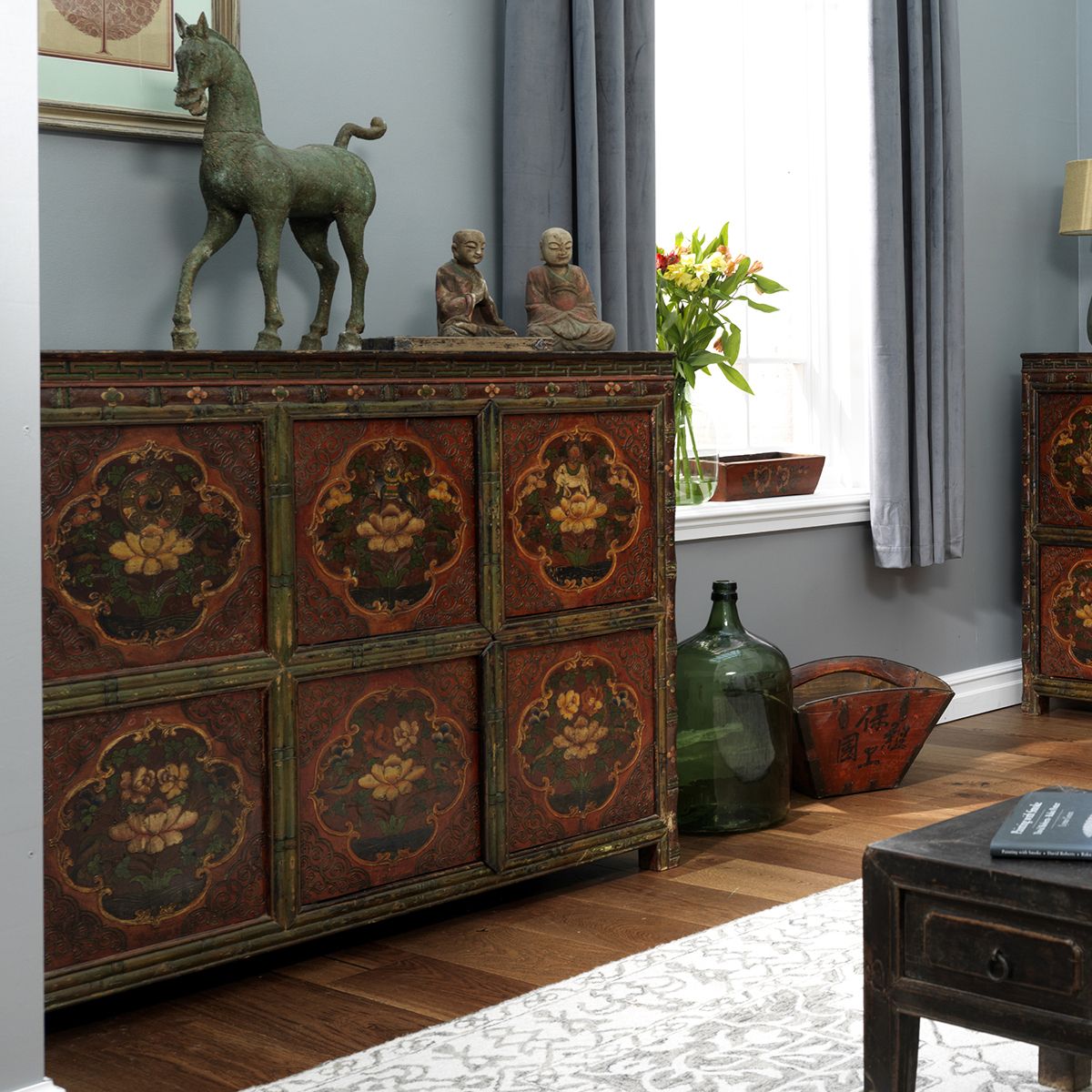 Pair Of Antique Tibetan Painted Cabinets photo for sale