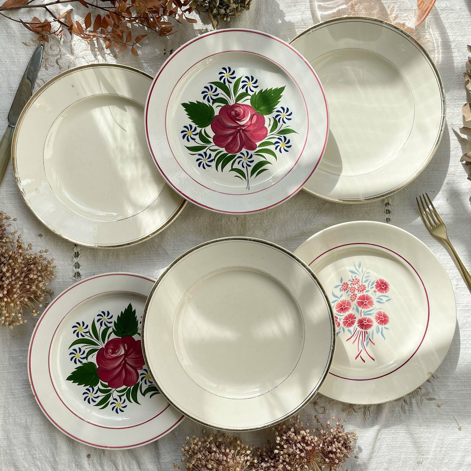 6 Assiettes Vintage Dépareillées Motif Fleuri   Assiettes Vintage Esprit Champêtre   Sarreguemines   Badonvillier   Moulin Des Loups