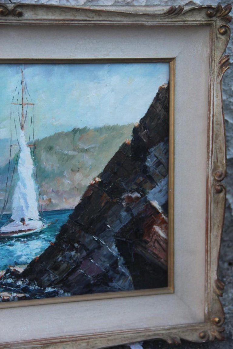 Oil On Cardboard Boats On The Sea In 1940 With Lacquered Frame photo Art