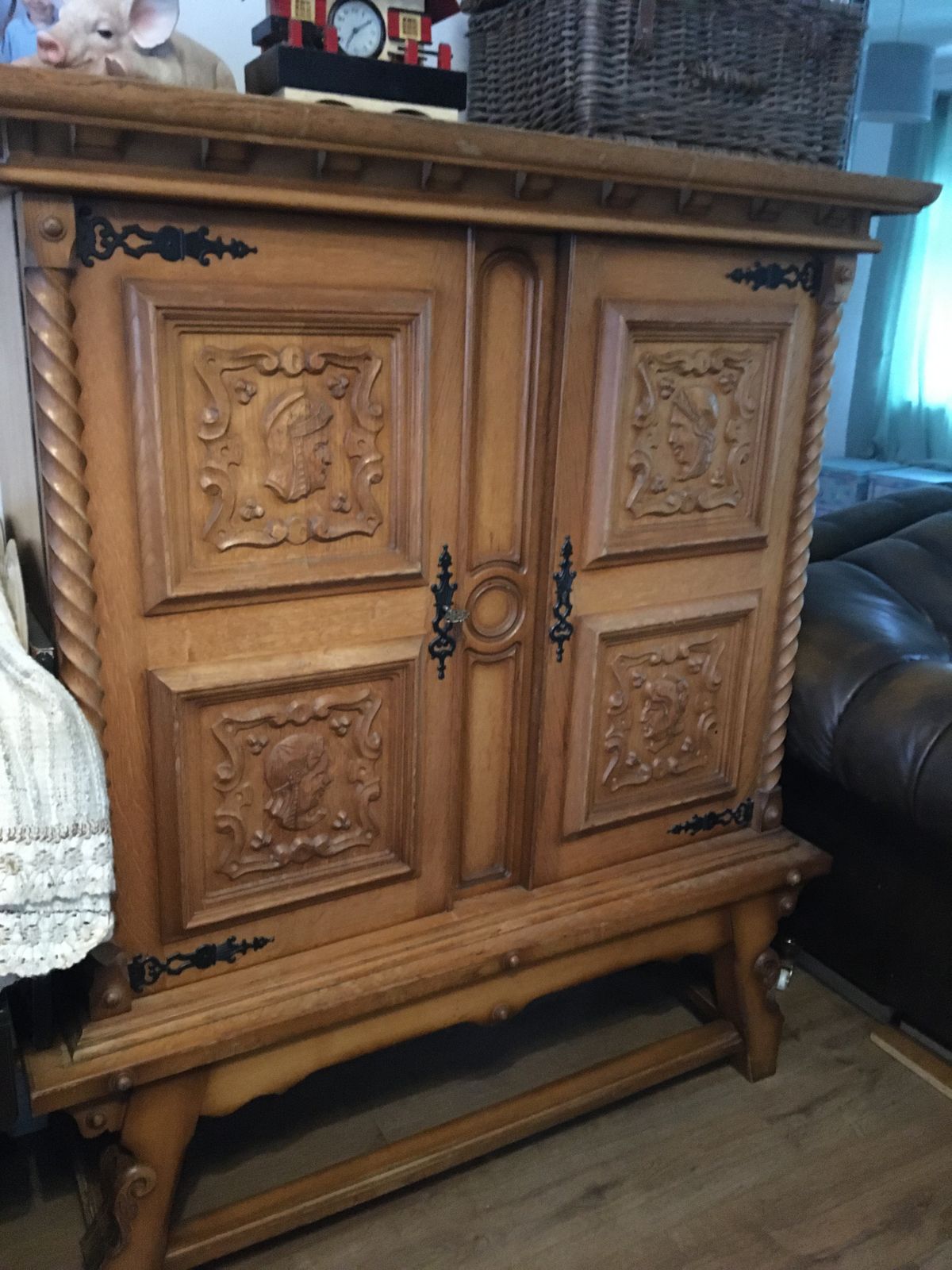 Oak Flemish / German Large Shelved Carved Unit With Matching Oak Carved Refractory Table And 6 Chairs photo furniture