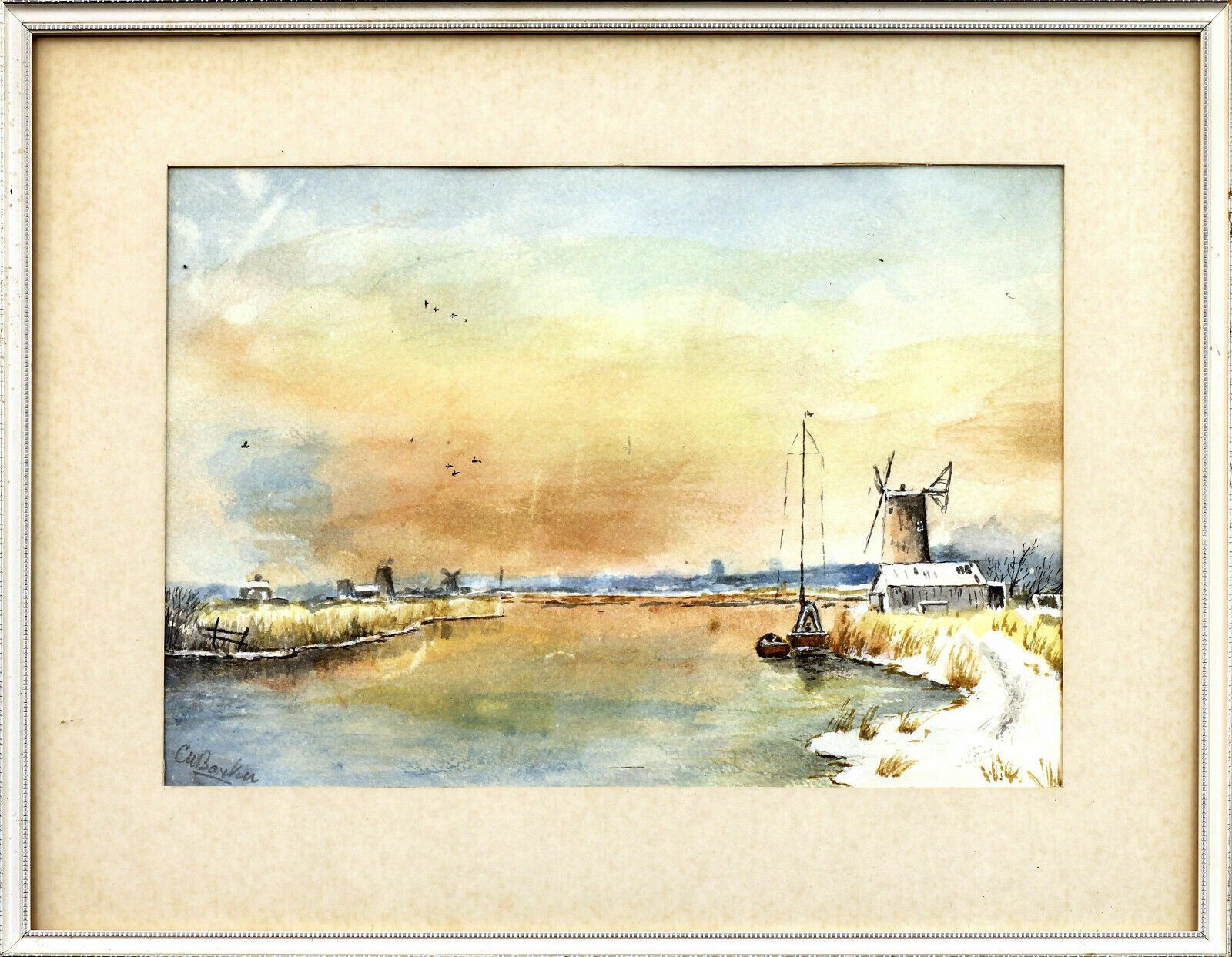 Watercolour By C M Baxter. Winter View Of Wind Pumps