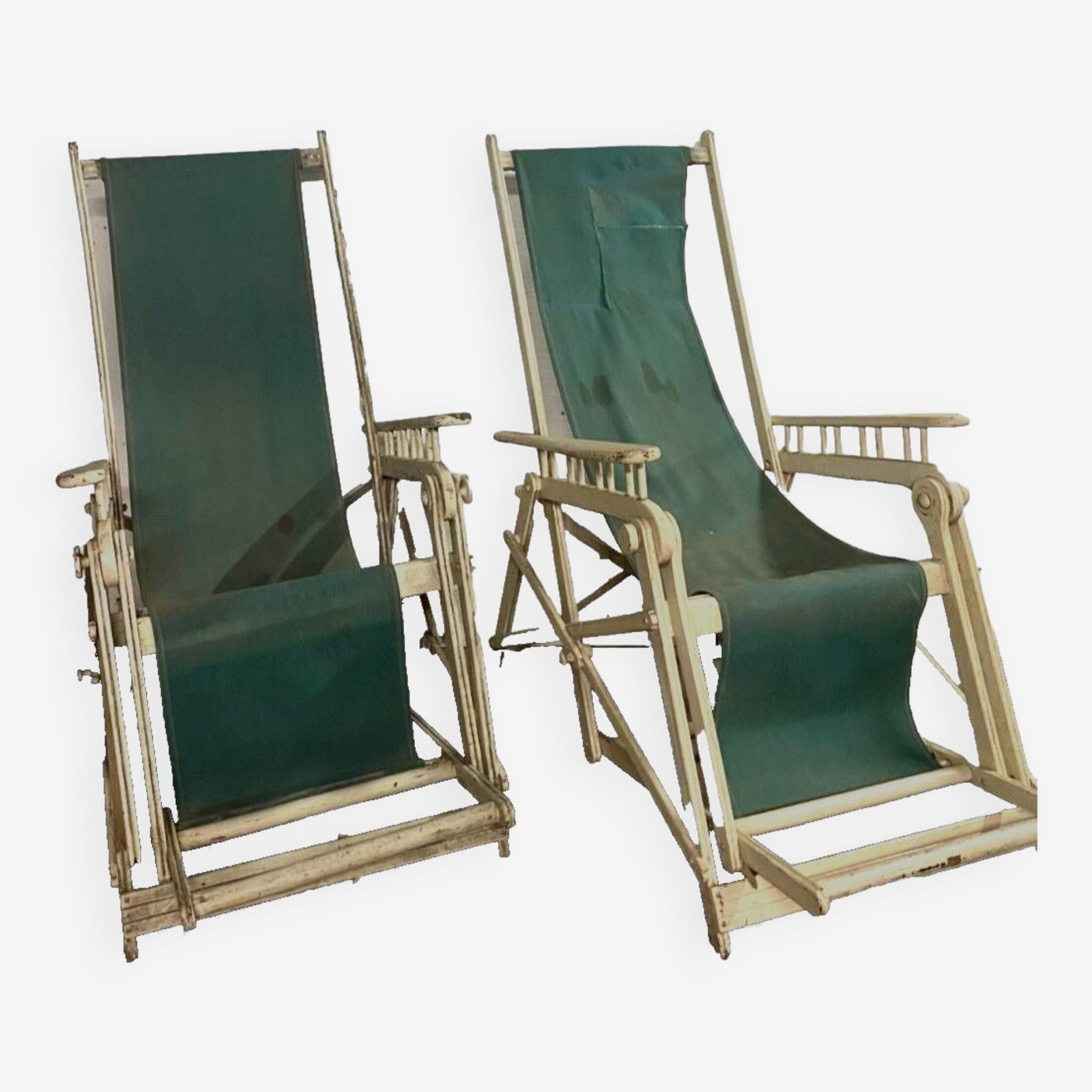 Pair Of Old 20th Century Lacquered Wood Deckchairs
