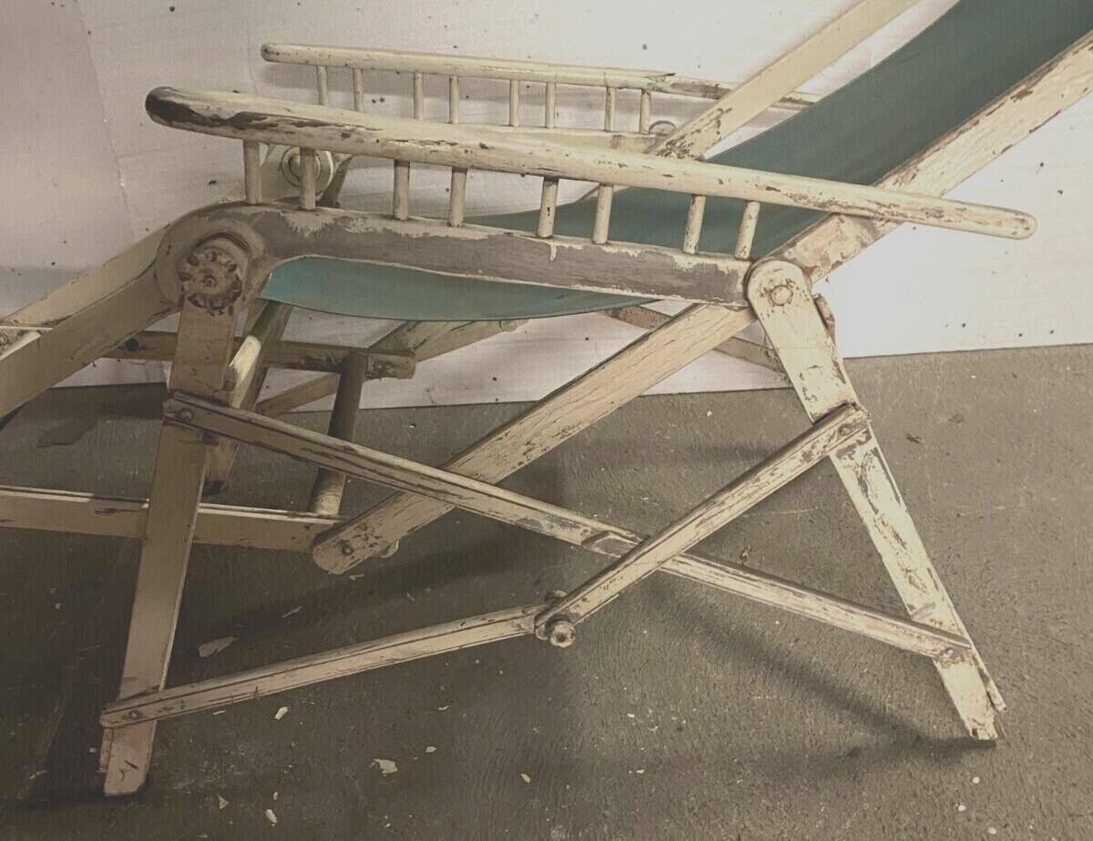Pair Of Old 20th Century Lacquered Wood Deckchairs photo for sale