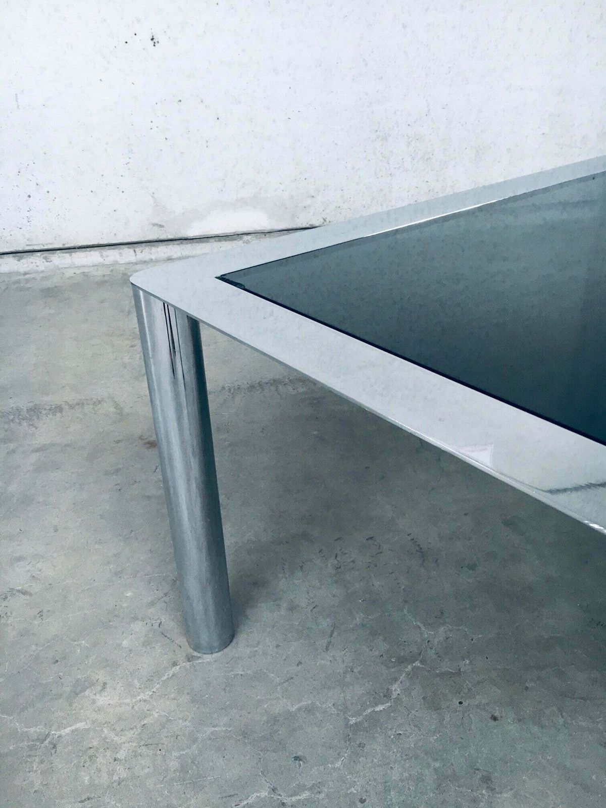 photo vintage Midcentury Smoked Glass & Chromed Steel Square Dining Table By Sergio Mazza For Cinova, Italy 1970's