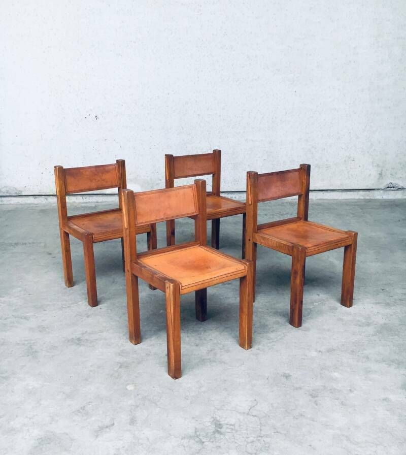 Elm & Cognac Leather Dining Room Chairs Set In The Manner Of Pierre Chapo, Italy 1960s