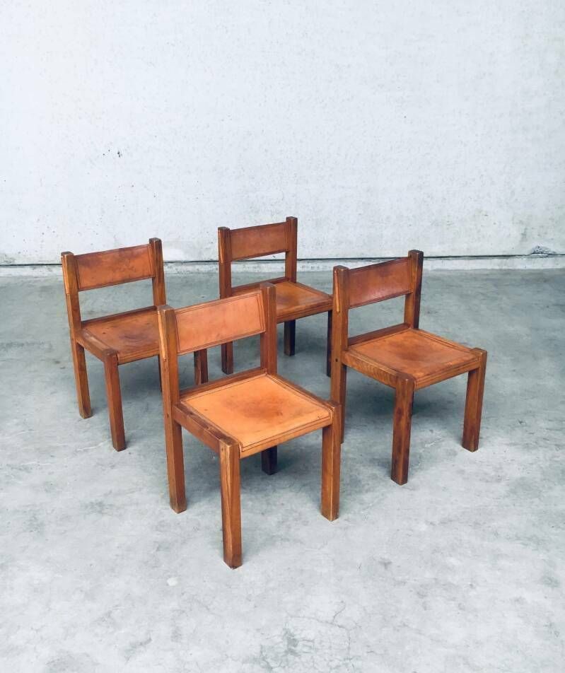 Elm & Cognac Leather Dining Room Chairs Set In The Manner Of Pierre Chapo, Italy 1960s photo buy