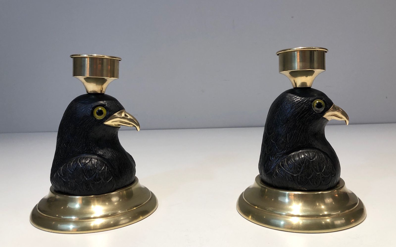 Home Decor Pair Of Candlesticks Representing Eagles In Carved Wood, Brass Beaks And Glass Eyes Stamped Houy Pouiga photo