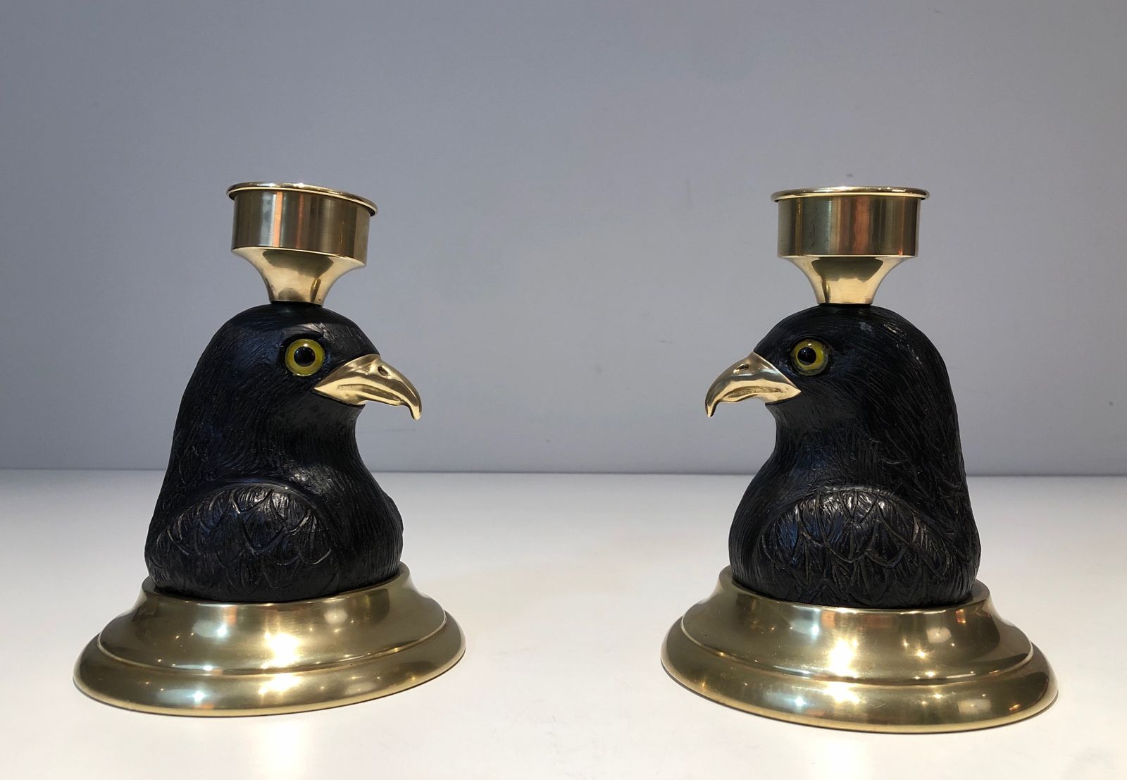 1450.0 Pair Of Candlesticks Representing Eagles In Carved Wood, Brass Beaks And Glass Eyes Stamped Houy Pouiga photo