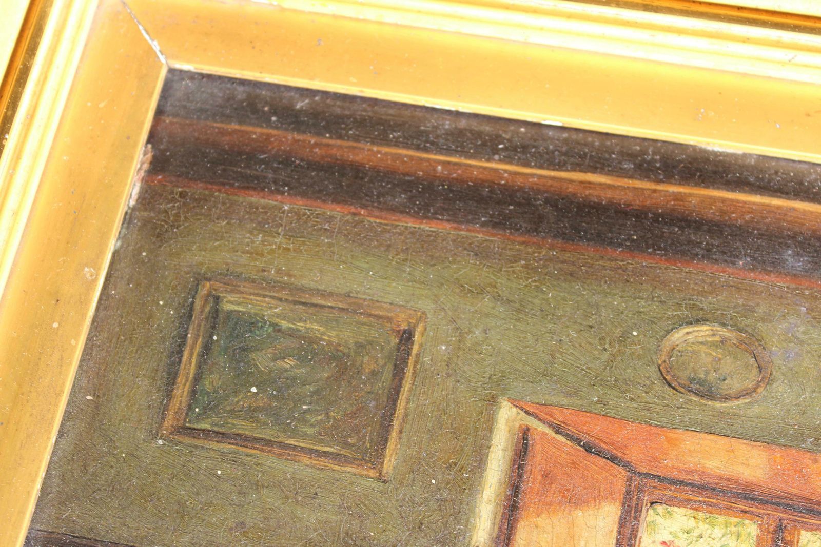 19th C Folk Art J.Wheatley Jones Oil On Board Dog & Interior "Inferno" 1887 photo 895.0