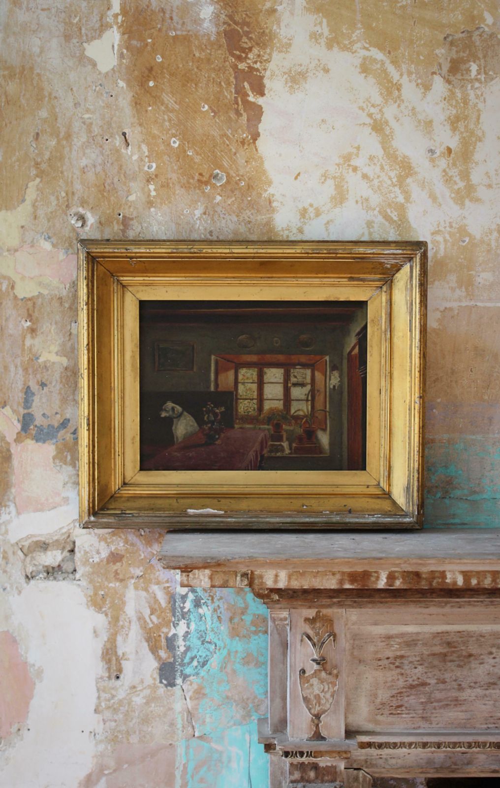 19th C Folk Art J.Wheatley Jones Oil On Board Dog & Interior "Inferno" 1887 photo vintage