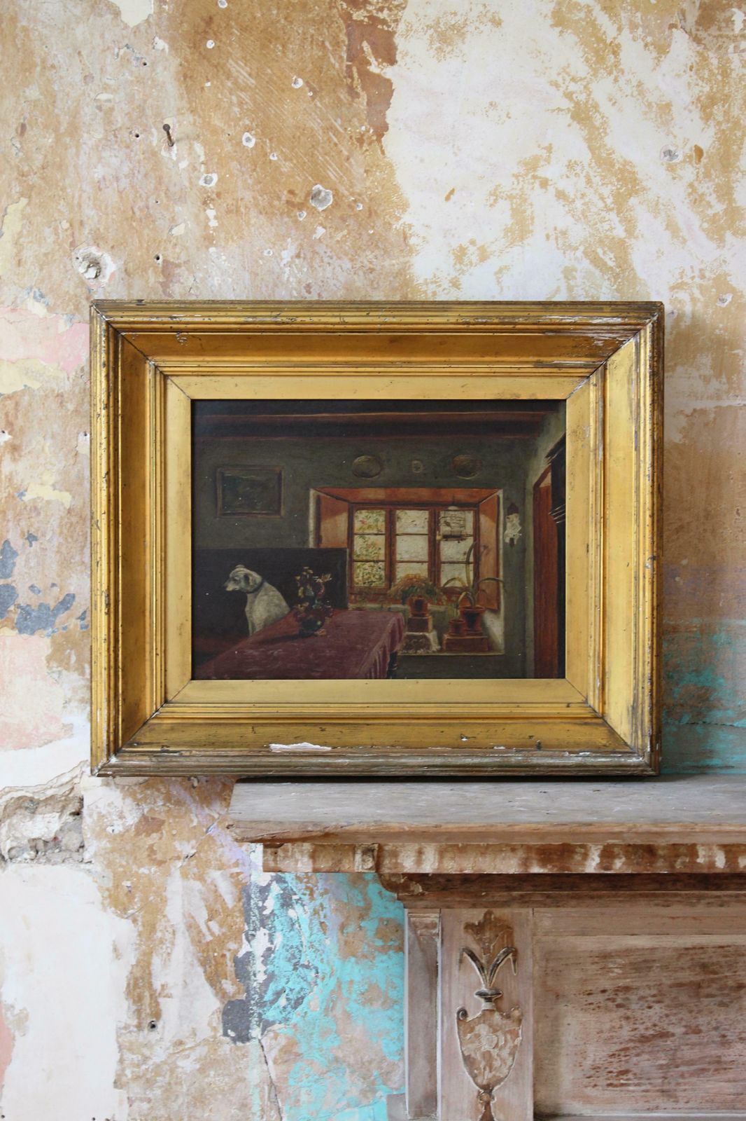 photo furniture 19th C Folk Art J.Wheatley Jones Oil On Board Dog & Interior "Inferno" 1887