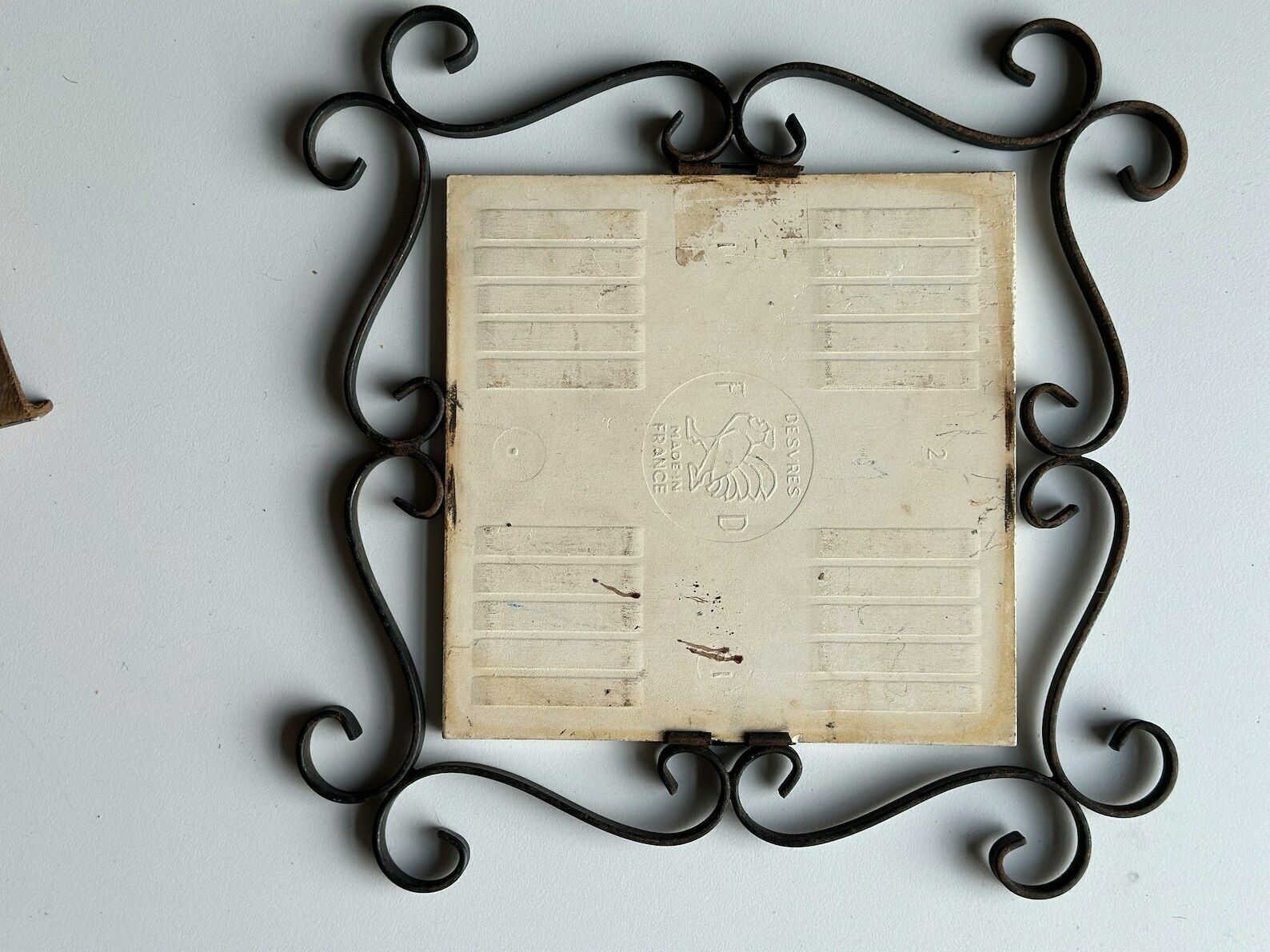 Delassus Fourmaintraux Desvres French Earthenware Tile Trivet 1960s 70s With Wrought Iron Frame photo for sale