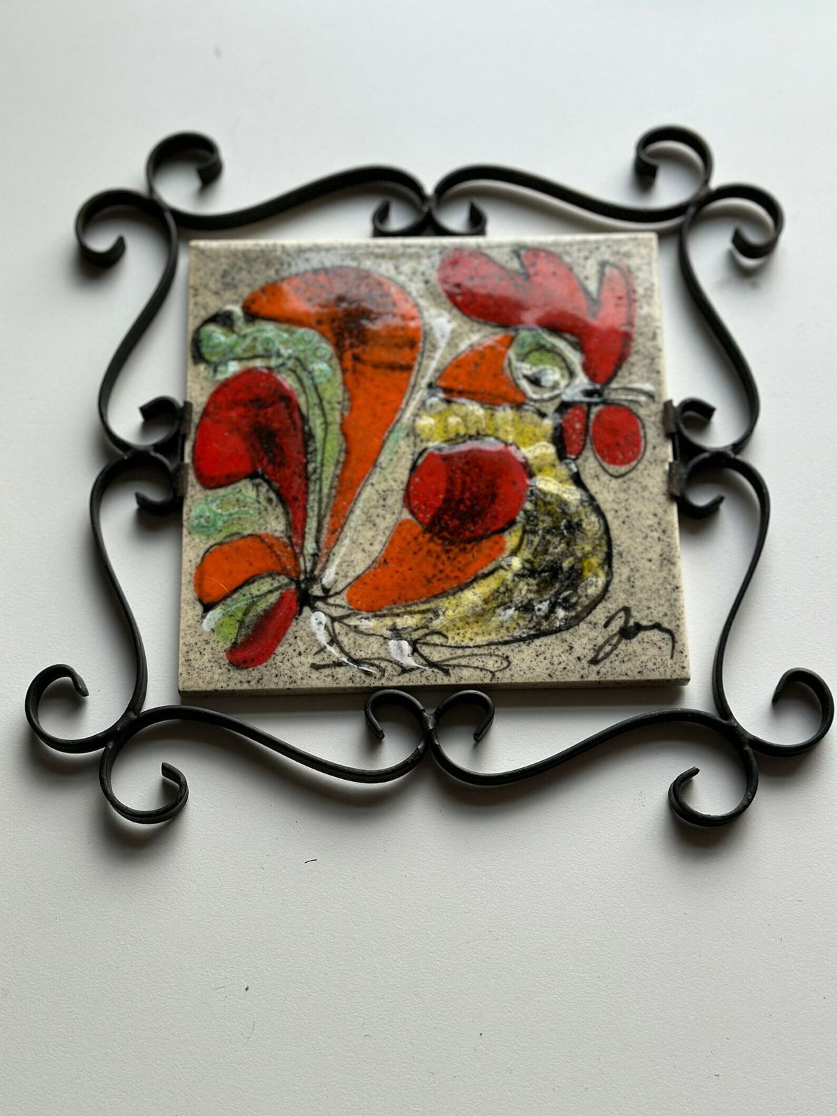 Delassus Fourmaintraux Desvres French Earthenware Tile Trivet 1960s 70s With Wrought Iron Frame photo Home Fixtures