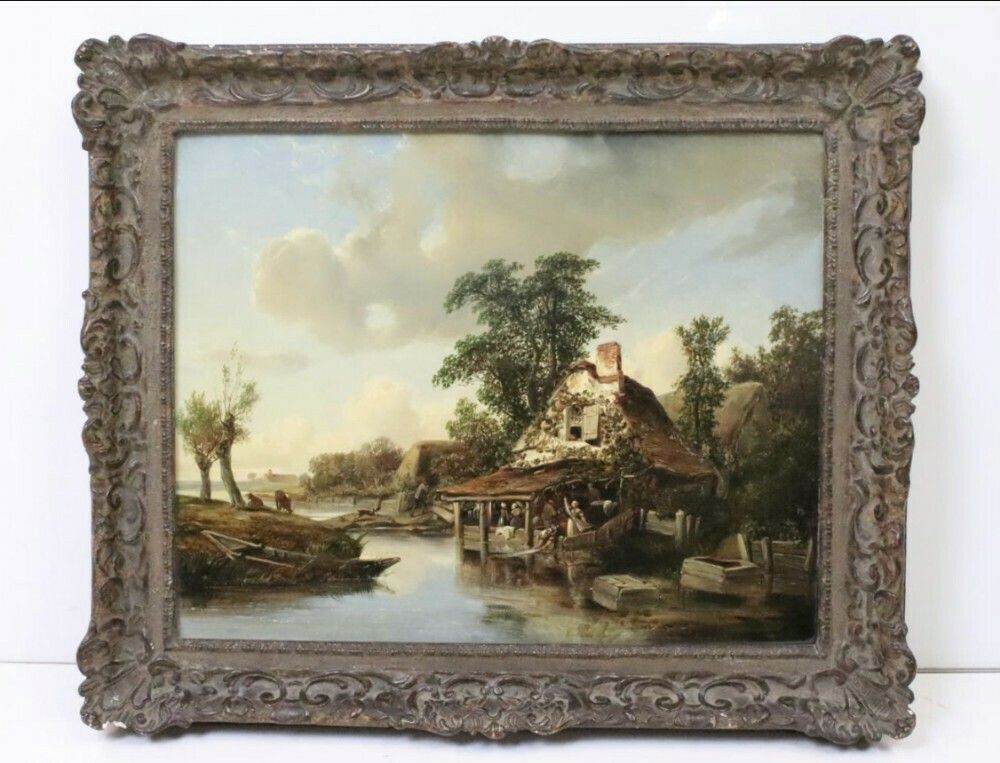 C19th Oil Painting On Canvas Showing Women Washing Laundry