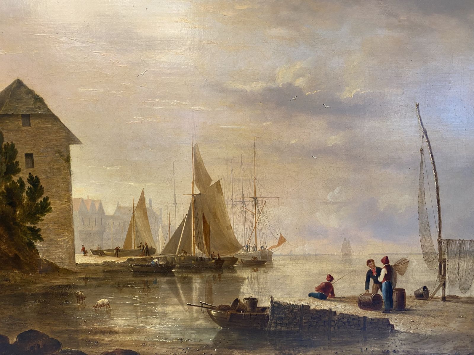 Oil Painting   Early 19th Century Landscape Of A Harbour photo Art