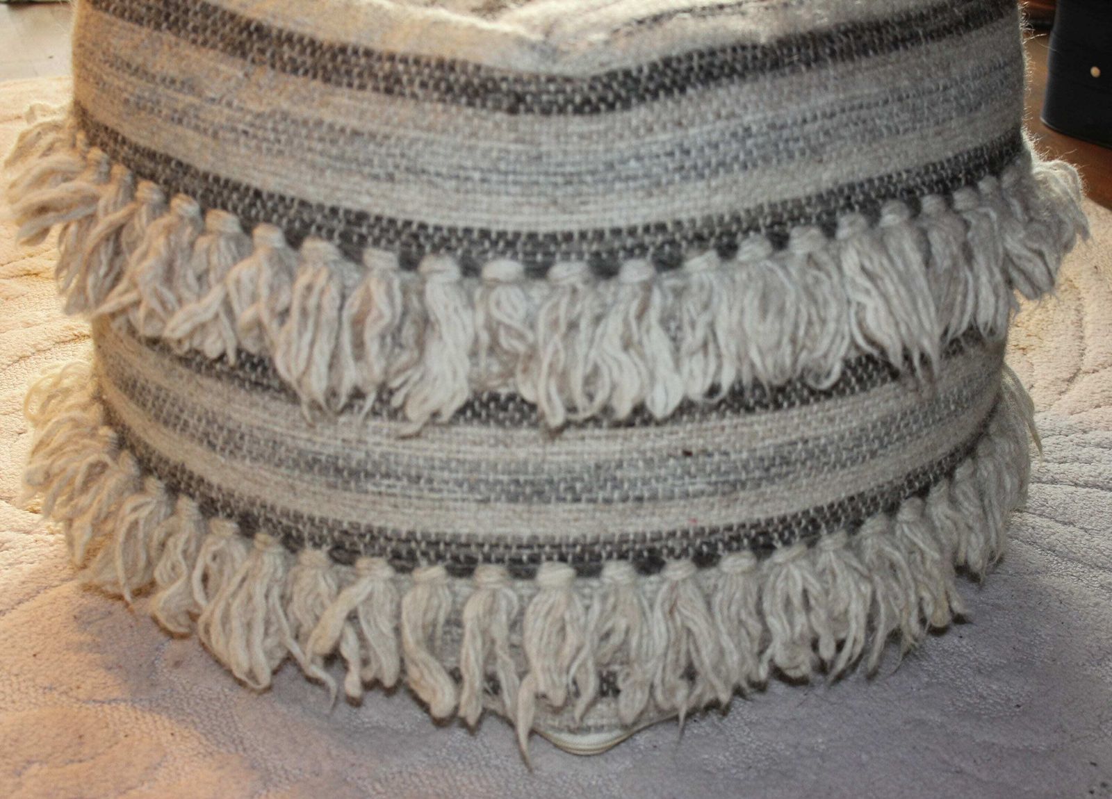 Beige Wool Pouf With Tassels, Square Ottoman, Foot Chair Comfortable Living Room Furniture photo Furniture