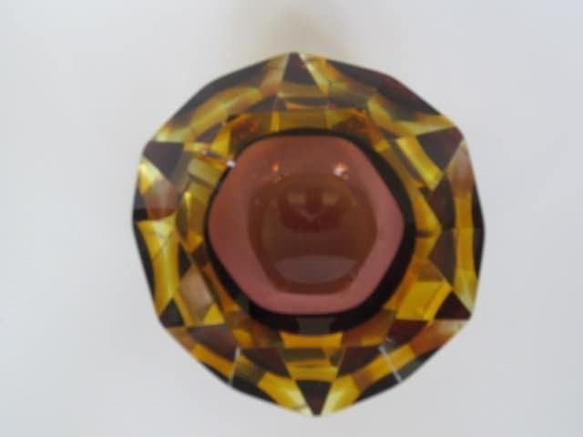 Murano Sommerso Brown Amber Mandruzzato 6 Facet Cut Geometric Art Glass Bowl photo furniture
