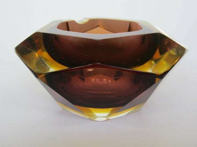 Murano Sommerso Brown Amber Mandruzzato 6 Facet Cut Geometric Art Glass Bowl photo for sale