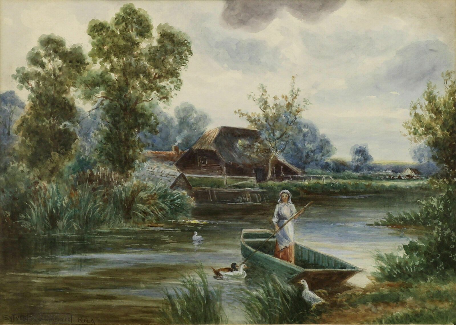 Watercolour By Henry John Sylvester Stannard. Farm Maid Crossing The River photo furniture