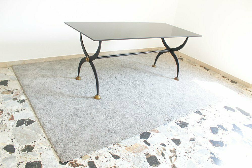 Dining Table In Wrought Iron And Black Lacquered Glass, Italy, 1970s