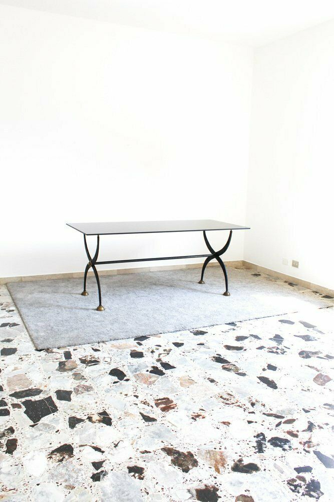photo buy Dining Table In Wrought Iron And Black Lacquered Glass, Italy, 1970s