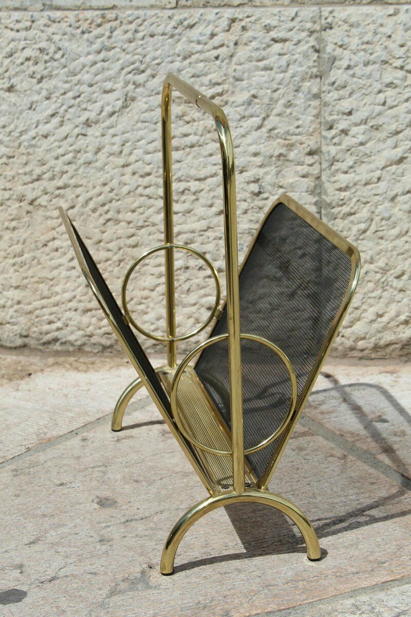 Magazine Rack In Brass And Black Lacquered Metal, Italy, 1970s photo vintage