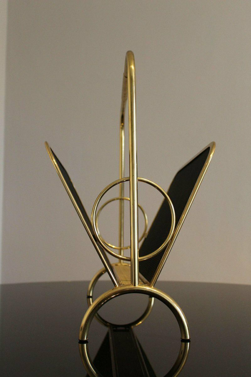 photo for sale Magazine Rack In Brass And Black Lacquered Metal, Italy, 1970s