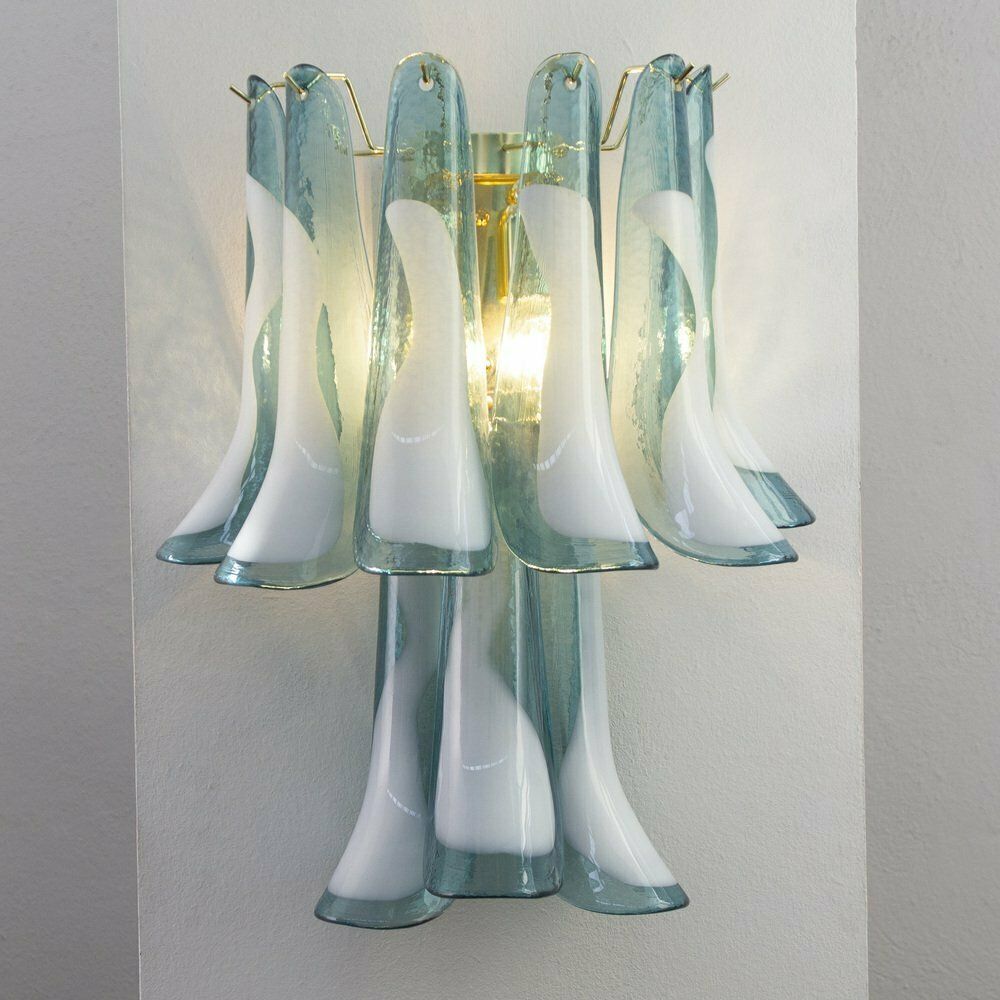 Petal Wall Lamp In Blue Murano Glass With White Decoration, Italy, 1990s photo for sale