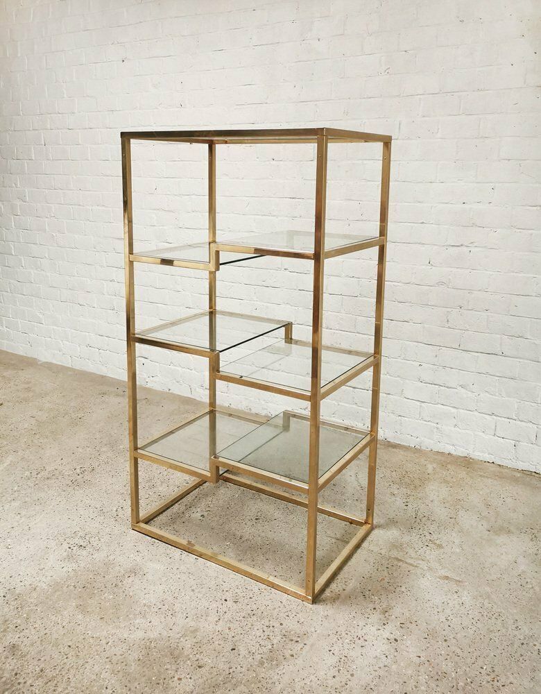 Vintage Geometric Gold Plated Shelving Unit Attributed To Belgo Chrom, 1970s photo furniture