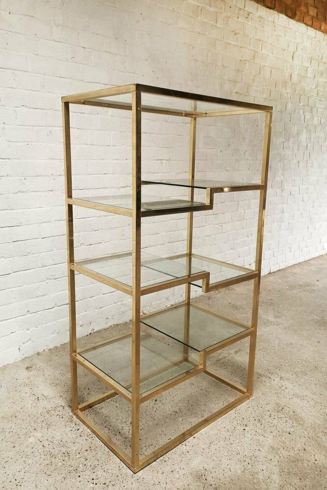 Vintage Geometric Gold Plated Shelving Unit Attributed To Belgo Chrom, 1970s photo for sale